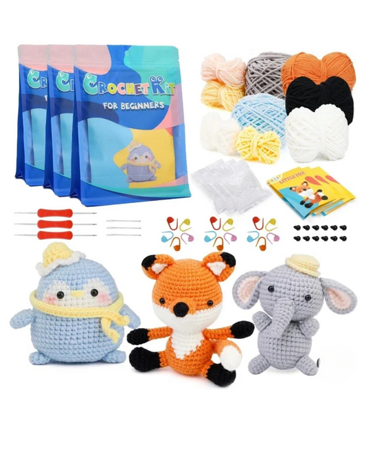 **Preorder** Crochet Kit Elephant, Fox and Penguin 3 in one.