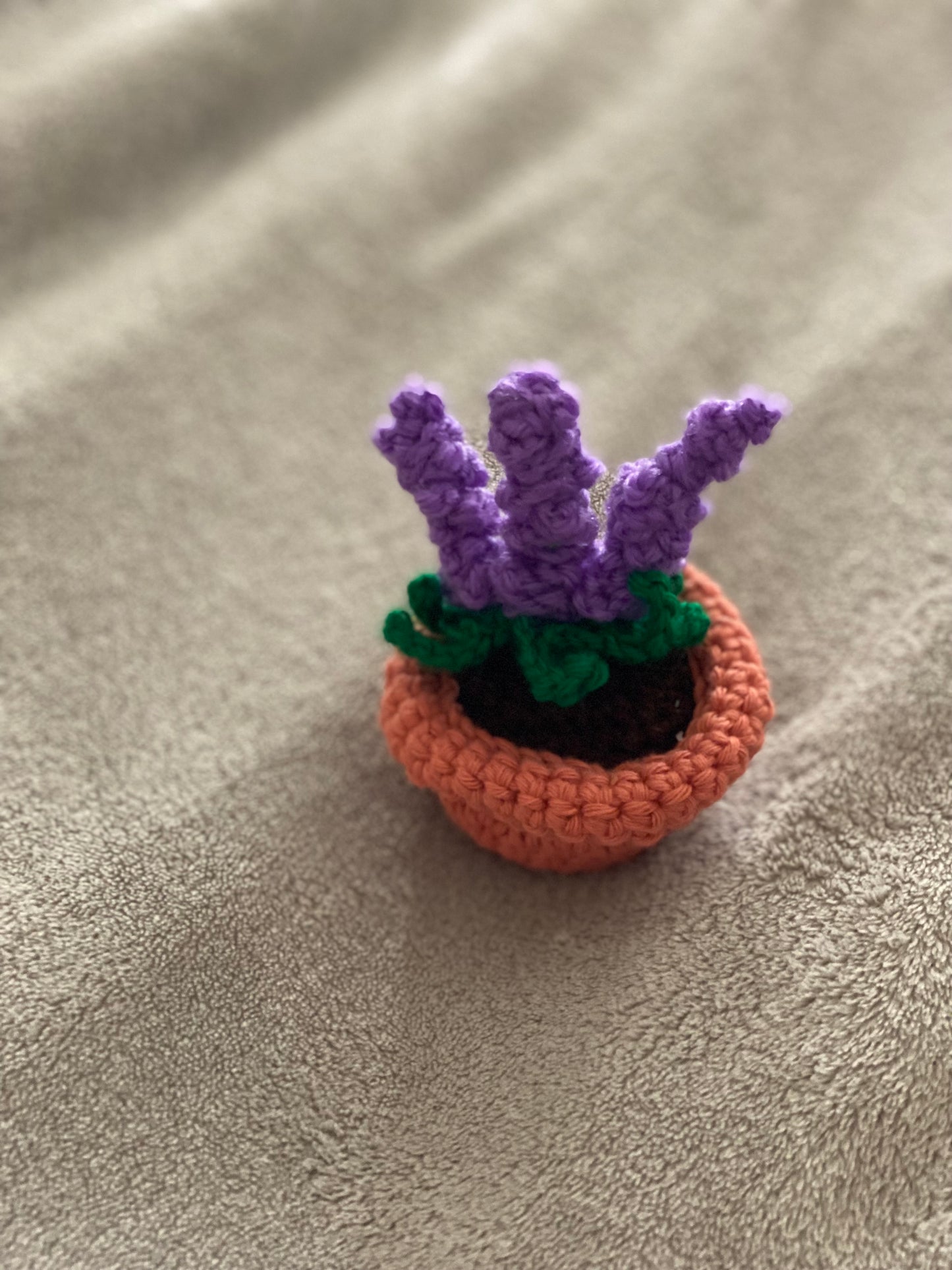 Three sprig crochet lavender plant in crochet terracotta plant pot, for Gardners, plant lovers, gift, thank you, home decor, bring the garden indoors.