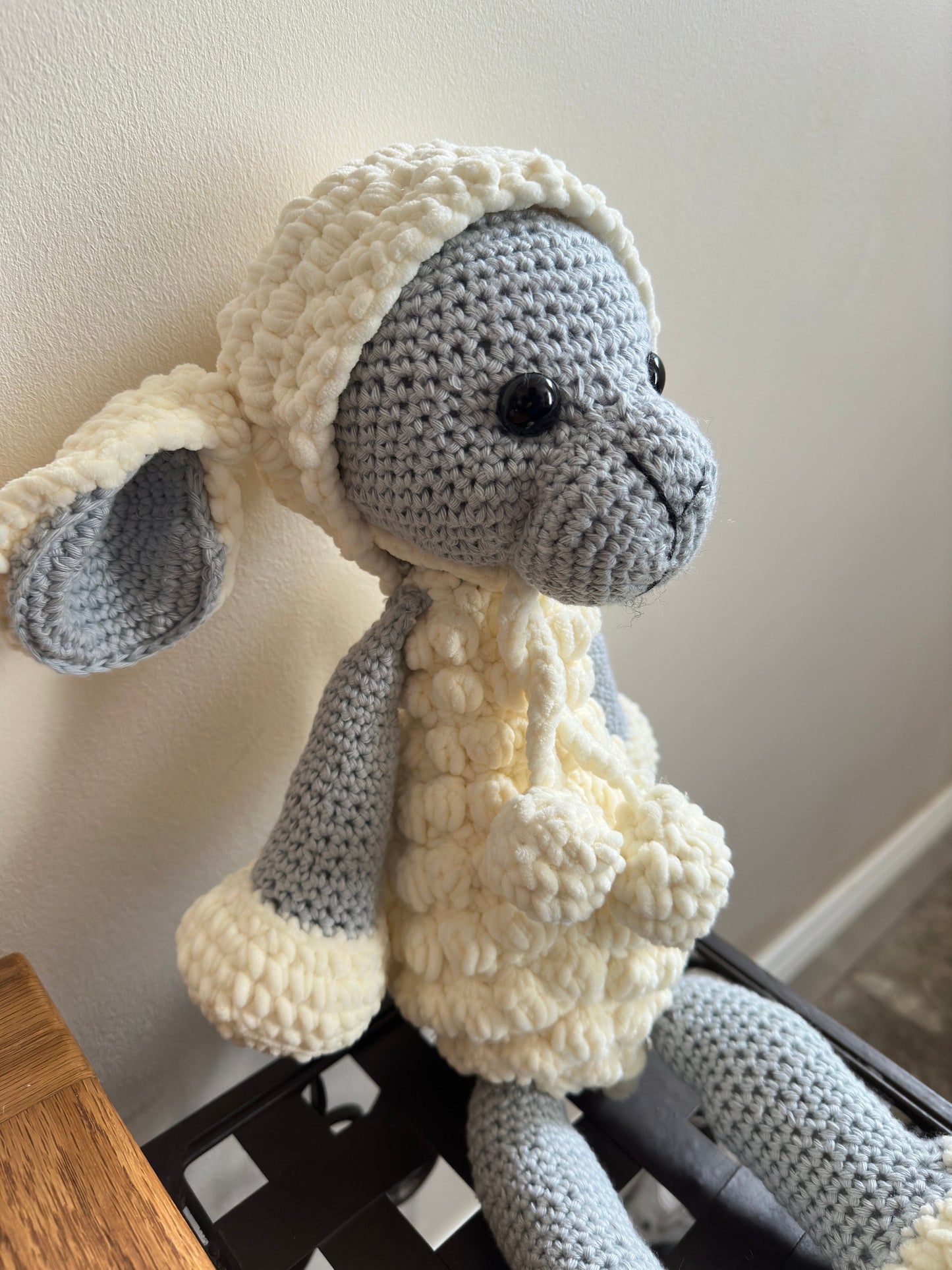 Jumping Jane Lamb, crochet lamb, handmade, cotton and chenille, farmyard animal, cute