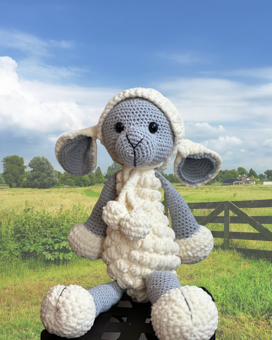 Jumping Jane Lamb, crochet lamb, handmade, cotton and chenille, farmyard animal, cute