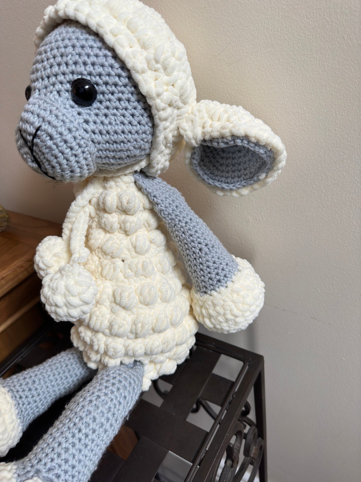 Jumping Jane Lamb, crochet lamb, handmade, cotton and chenille, farmyard animal, cute