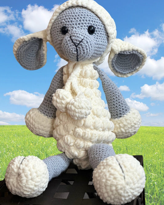 Jumping Jane Lamb, crochet lamb, handmade, cotton and chenille, farmyard animal, cute